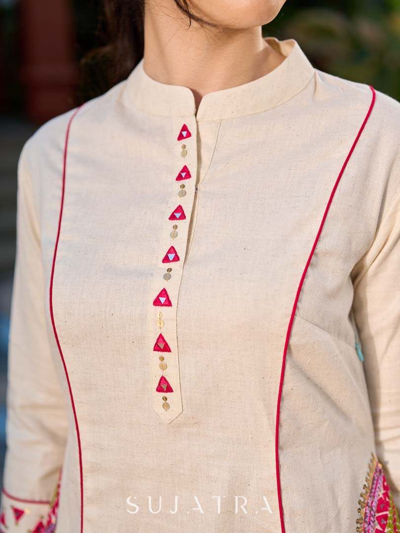 Elegant Off White Cotton A-Line Kurta with Traditional Mirror Work