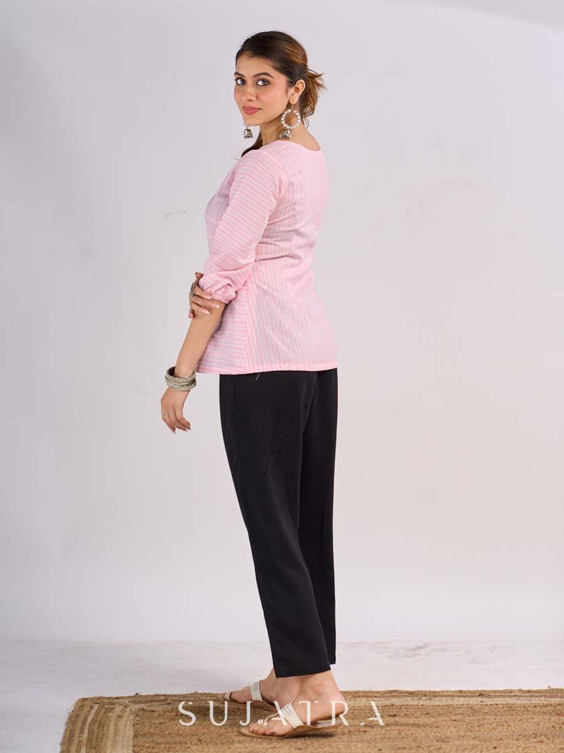 Blush Pink Cotton Modern Top with Asymmetric Stripe Layout