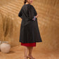 Midnight Black Dot Print Cotton Open Front Long Jacket with Indigo Geometric Printed Cuff