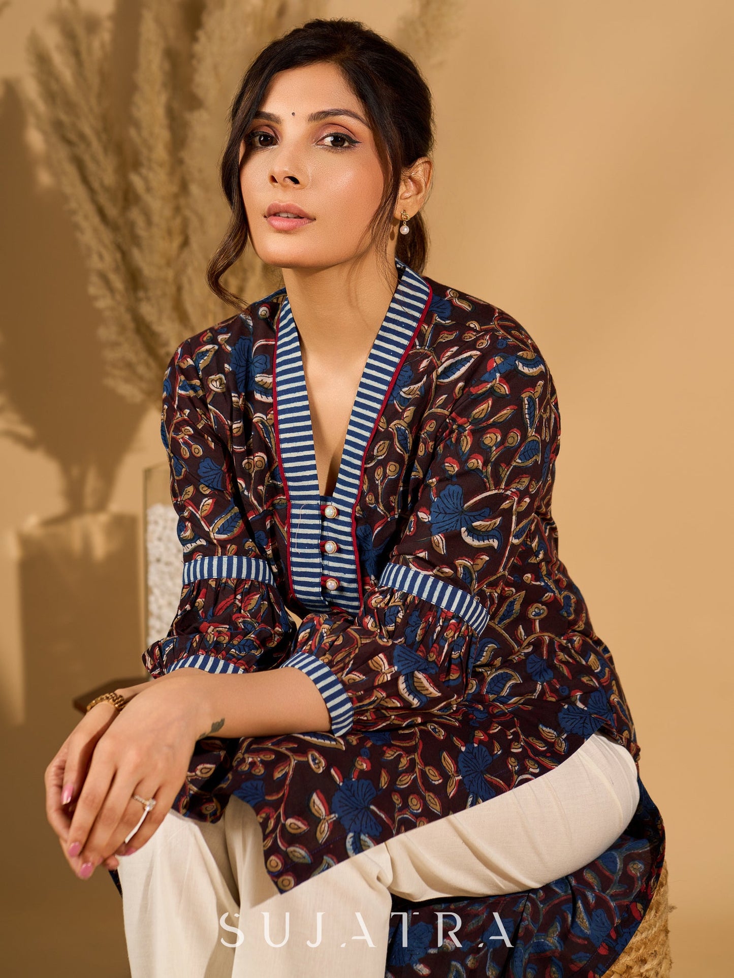 Bliss Black Kurta with Indigo Placket and Statement Sleeves