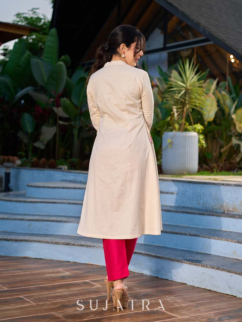 Elegant Off White Cotton A-Line Kurta with Traditional Mirror Work