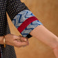 Midnight Black Dot Print Cotton Open Front Long Jacket with Indigo Geometric Printed Cuff