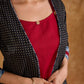 Midnight Black Dot Print Cotton Open Front Long Jacket with Indigo Geometric Printed Cuff