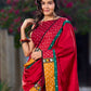 Crimson Cotton Jacquard Saree with Mustard & Red Bandhani Accents