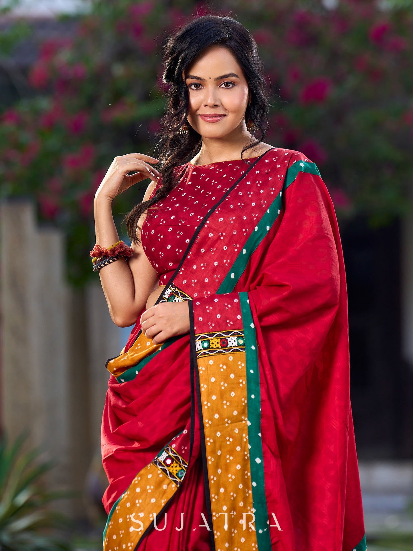 Crimson Cotton Jacquard Saree with Mustard & Red Bandhani Accents