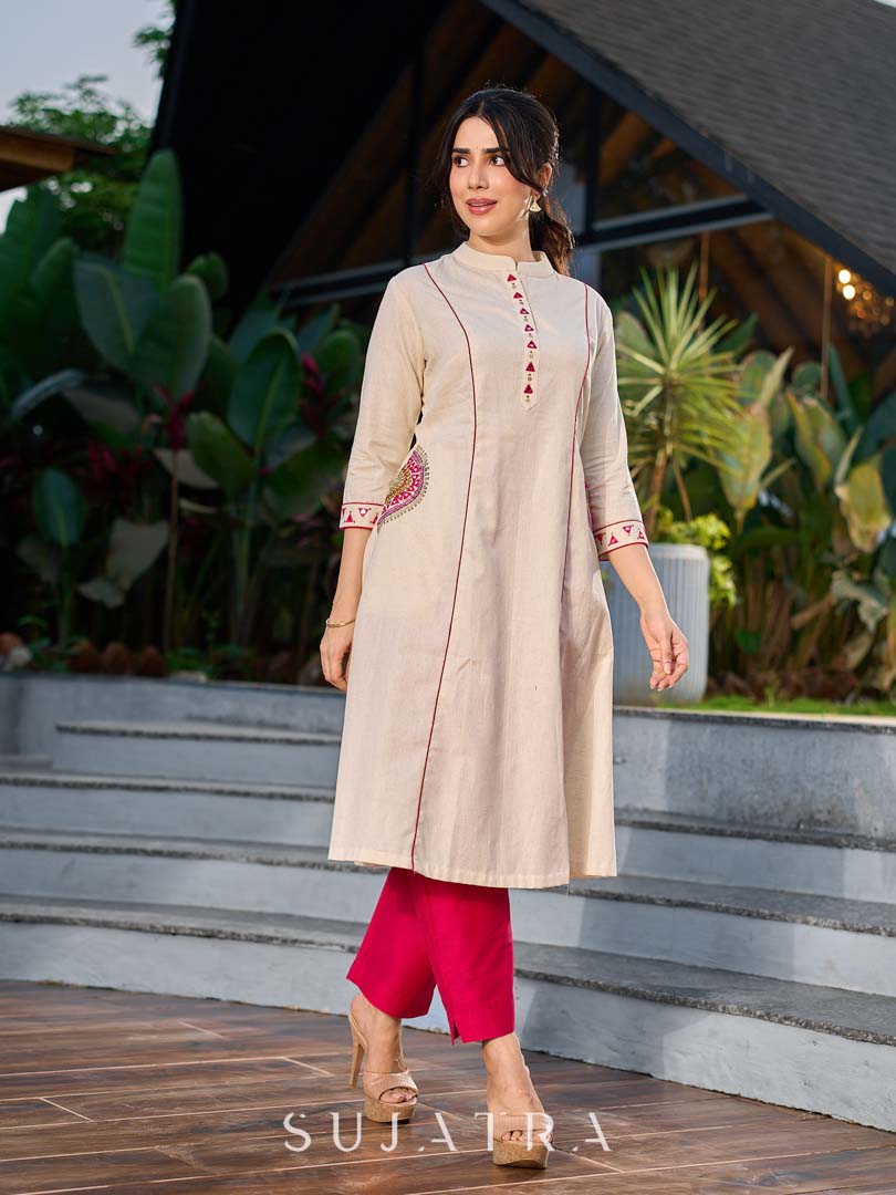 Elegant Off White Cotton A-Line Kurta with Traditional Mirror Work