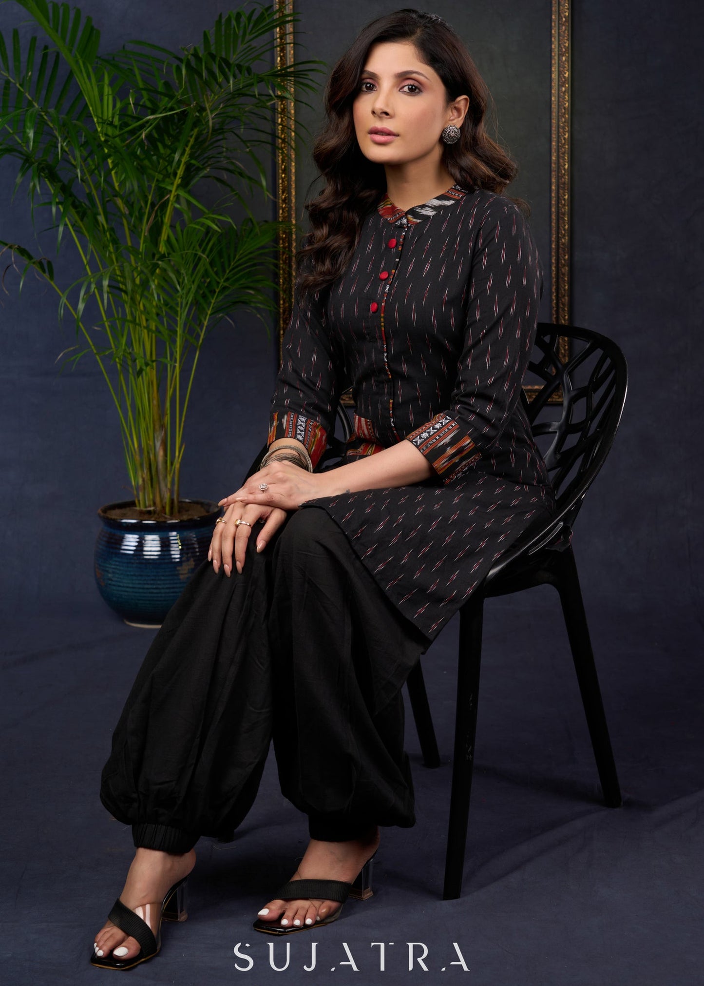 Stylish Black Cotton Ikat Tunic With Intricate Patterns - Pant Optional