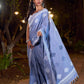 Graceful Slate Blue Cotton Saree with Delicate Floral Hand Block Print and Classic Border