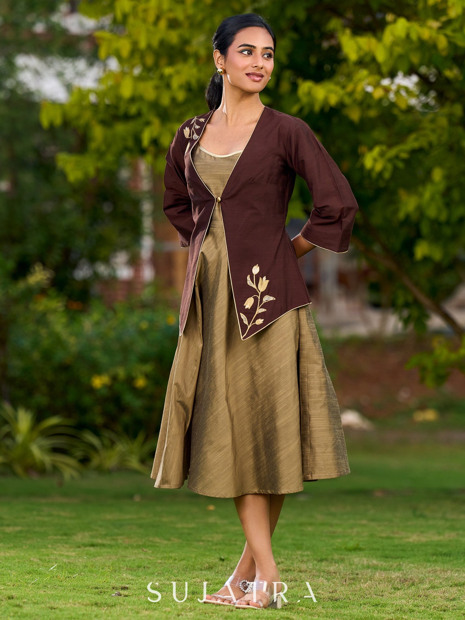 Dark Brown Silk Jacket Adorned With Exquisite Embroidery And Bell Sleeves Detailed With Shimmer Piping