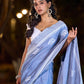 Graceful Slate Blue Cotton Saree with Delicate Floral Hand Block Print and Classic Border
