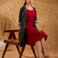 Midnight Black Dot Print Cotton Open Front Long Jacket with Indigo Geometric Printed Cuff