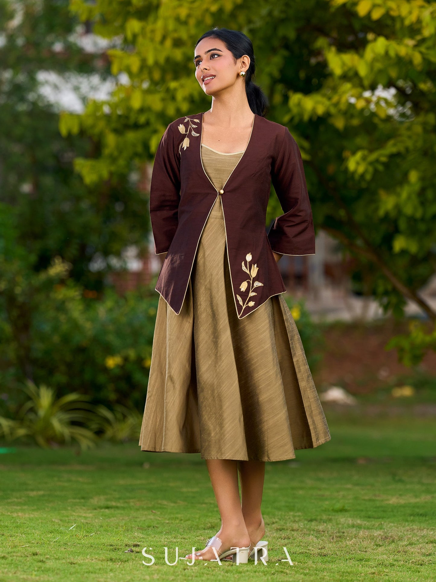 Dark Brown Silk Jacket Adorned With Exquisite Embroidery And Bell Sleeves Detailed With Shimmer Piping