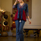 Indie Boho Printed Top with Blue & Maroon Gathered Detailing