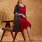 Midnight Black Dot Print Cotton Open Front Long Jacket with Indigo Geometric Printed Cuff