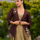 Dark Brown Silk Jacket Adorned With Exquisite Embroidery And Bell Sleeves Detailed With Shimmer Piping