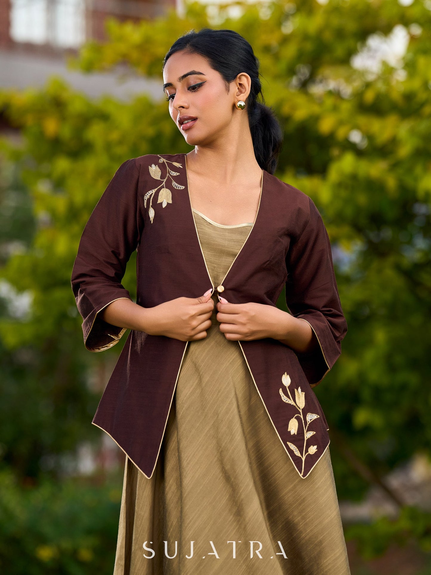 Dark Brown Silk Jacket Adorned With Exquisite Embroidery And Bell Sleeves Detailed With Shimmer Piping
