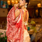 Handcrafted Ivory Pure Silk Saree with Red Kalamkari Print & Ombre Effect