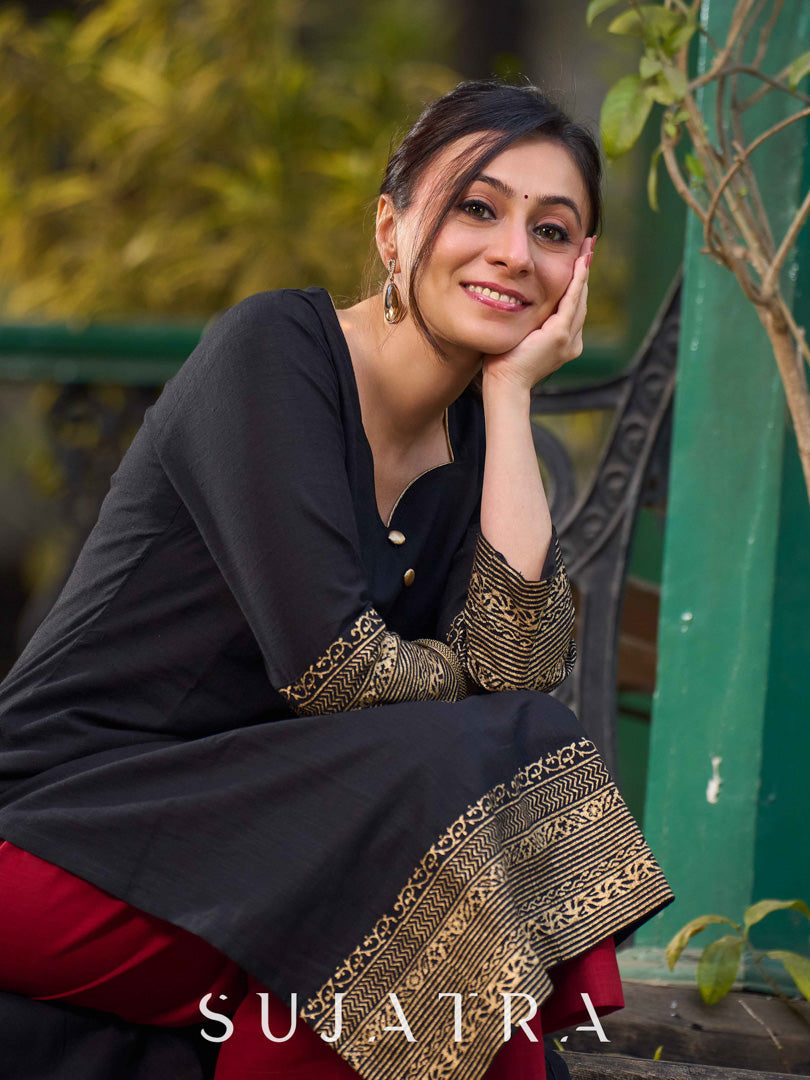 Black Cotton Kurta With Hand Block Printed Golden Border On Flare And Sleeves