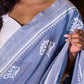 Graceful Slate Blue Cotton Saree with Delicate Floral Hand Block Print and Classic Border