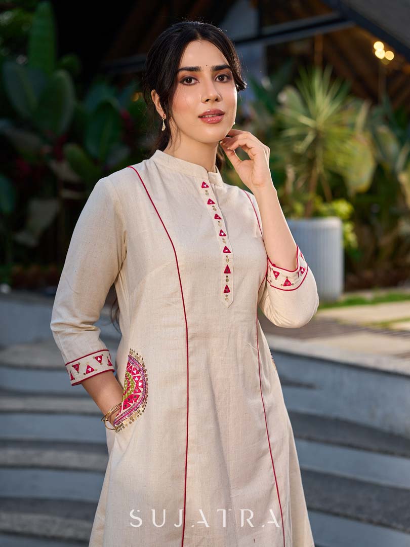 Elegant Off White Cotton A-Line Kurta with Traditional Mirror Work