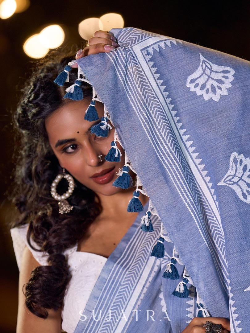 Graceful Slate Blue Cotton Saree with Delicate Floral Hand Block Print and Classic Border