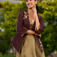 Dark Brown Silk Jacket Adorned With Exquisite Embroidery And Bell Sleeves Detailed With Shimmer Piping