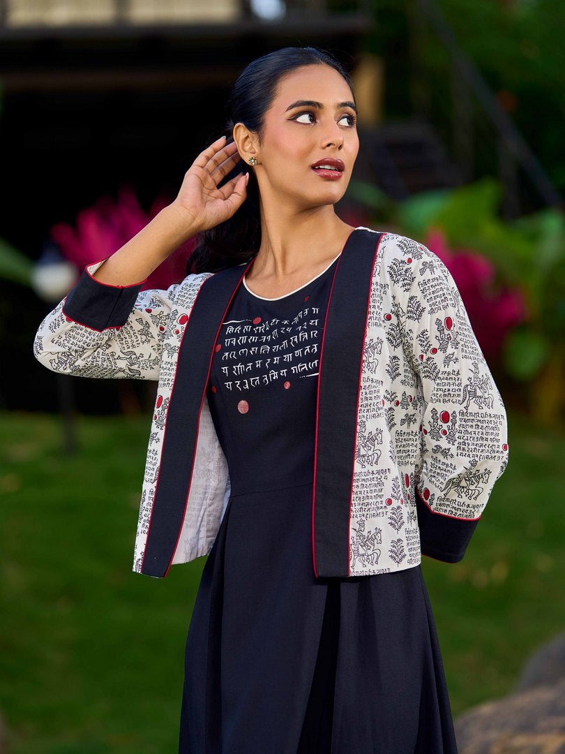 Graceful White Cotton Printed Jacket with Script Motifs and Black Trim Accents