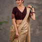 Blouse en coton et soie marron foncé à manches courtes, avec panneau de manches en brocart Benarasi et décolleté en V