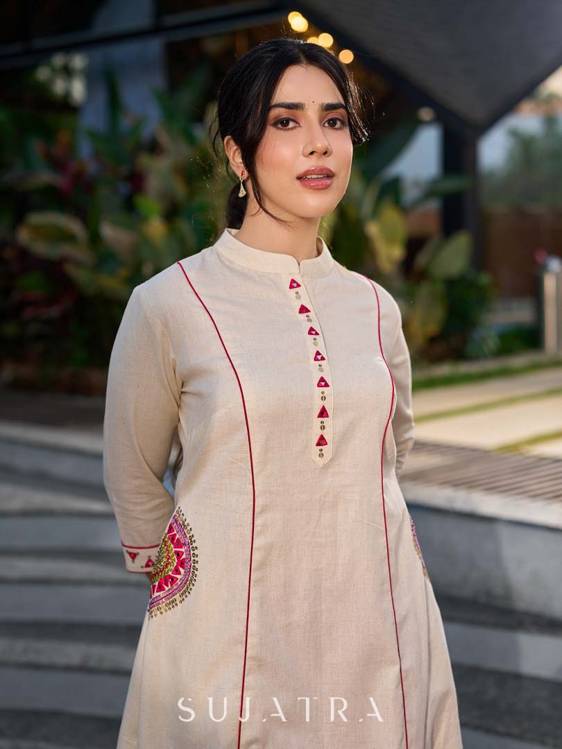 Elegant Off White Cotton A-Line Kurta with Traditional Mirror Work