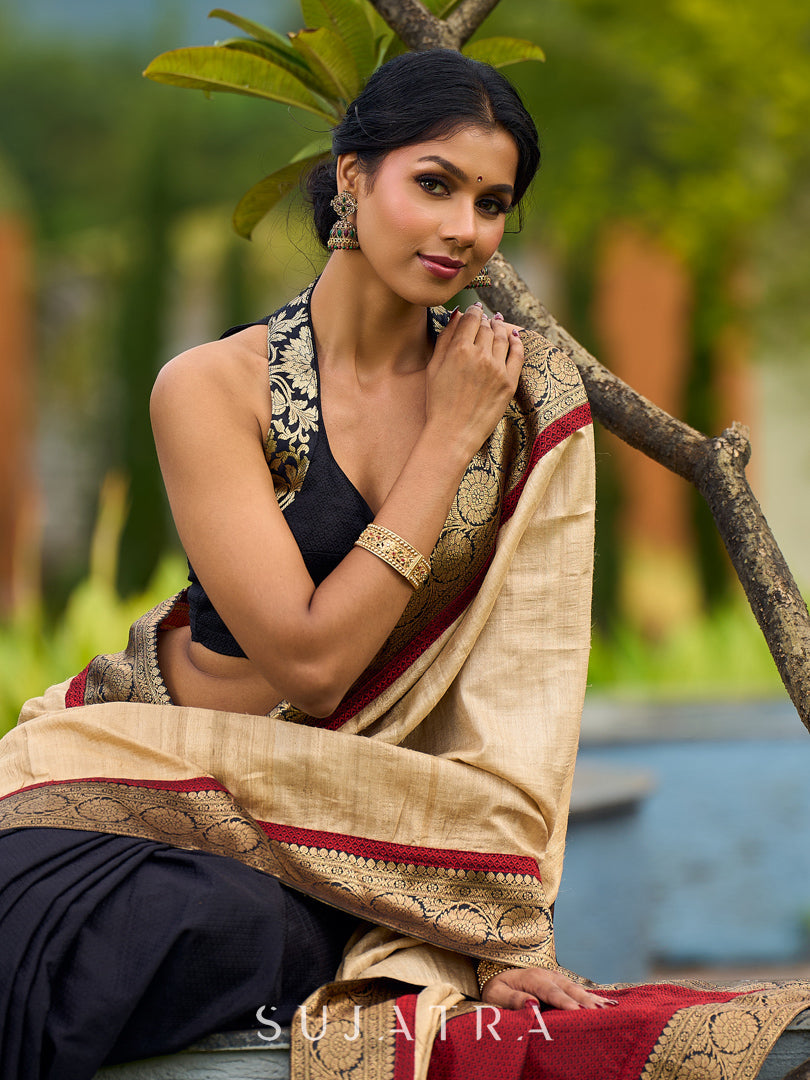Handcrafted Pure Tussar Silk Saree with Khun Weave & Traditional Banarasi Border