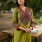 Chic Olive Green Rayon Kurta with Ajrakh Yoke and Sleeves