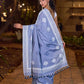 Graceful Slate Blue Cotton Saree with Delicate Floral Hand Block Print and Classic Border