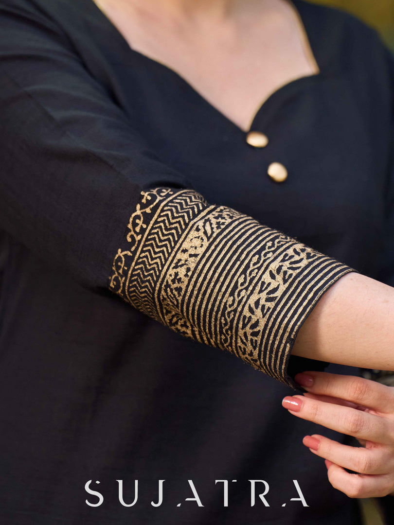 Black Cotton Kurta With Hand Block Printed Golden Border On Flare And Sleeves