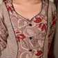 Earthy Beige Floral Leaf Print Cotton Kurta with Contrast Black Striped Panel