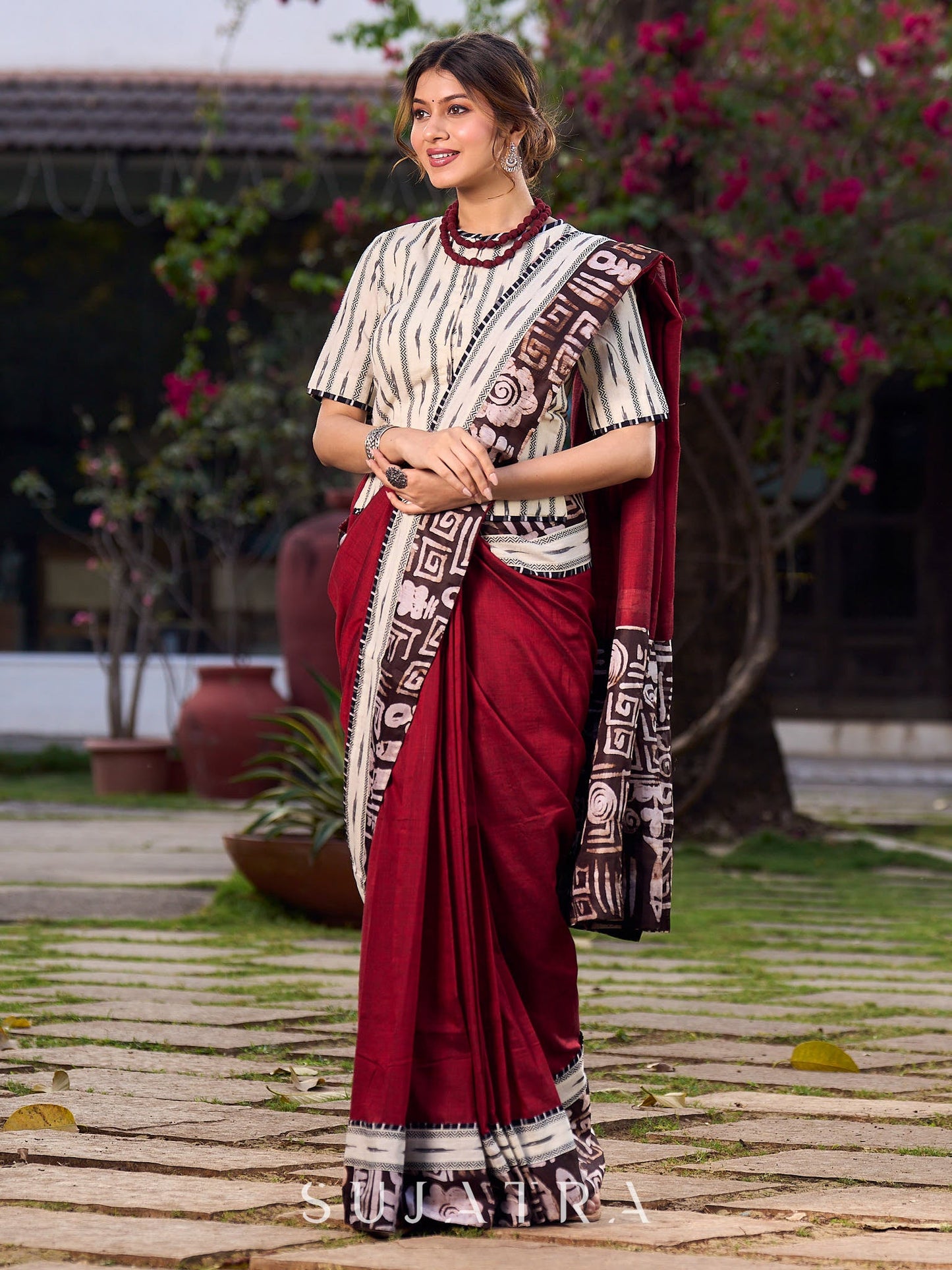 Maroon Saree Accented With Traditional Tussar Batik Print Border