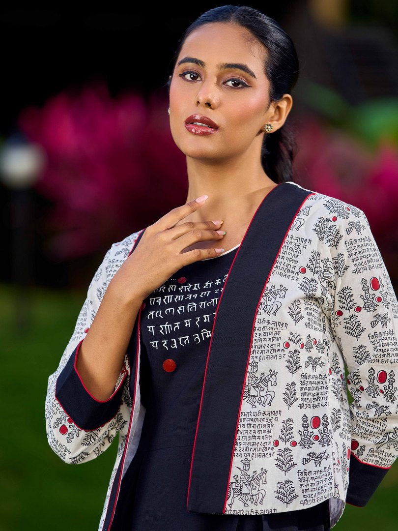 Graceful White Cotton Printed Jacket with Script Motifs and Black Trim Accents
