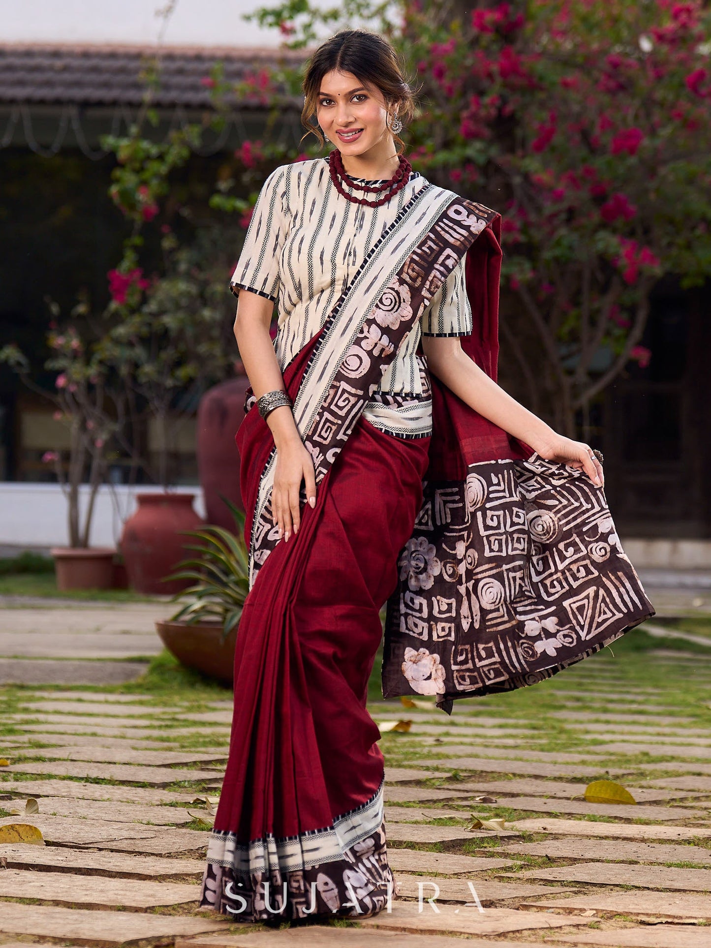Maroon Saree Accented With Traditional Tussar Batik Print Border