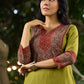 Chic Olive Green Rayon Kurta with Ajrakh Yoke and Sleeves