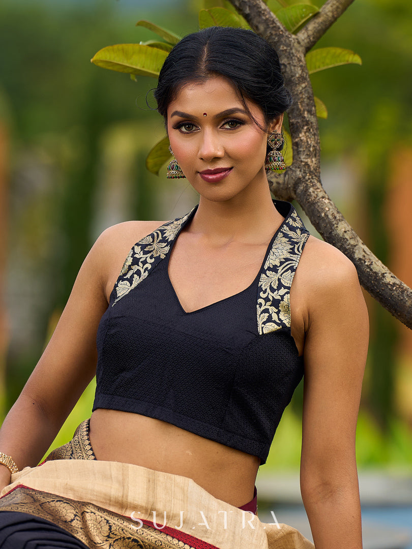 Handcrafted Pure Tussar Silk Saree with Khun Weave & Traditional Banarasi Border
