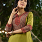 Chic Olive Green Rayon Kurta with Ajrakh Yoke and Sleeves