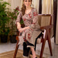 Earthy Beige Floral Leaf Print Cotton Kurta with Contrast Black Striped Panel