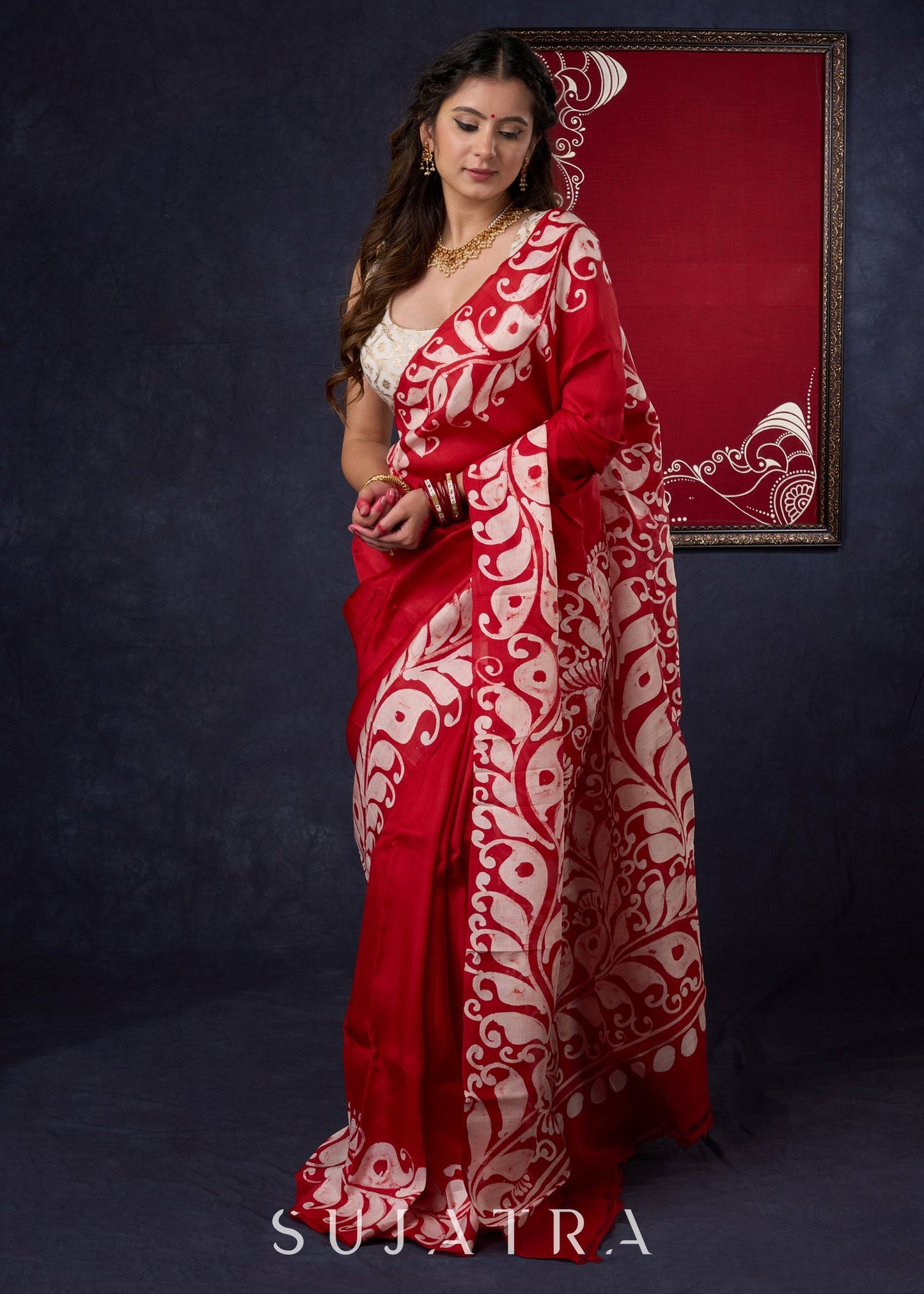Classy Pure Silk Red saree with Hand Batik Alpana design