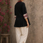 Heritage-inspired black top showcasing handcrafted block print panels, elegant maroon trims, and timeless artistry for versatile modern styling.
