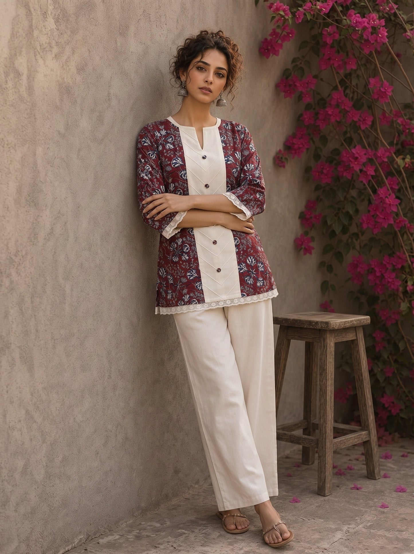 Deep red Jaipur floral printed top featuring maroon pintuck yoke, off-white panel, and scalloped lace detailing.