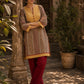 Mustard Geometric Print Short Kurta with Pin-Tucked Yoke & Contrast Maroon Button Detail