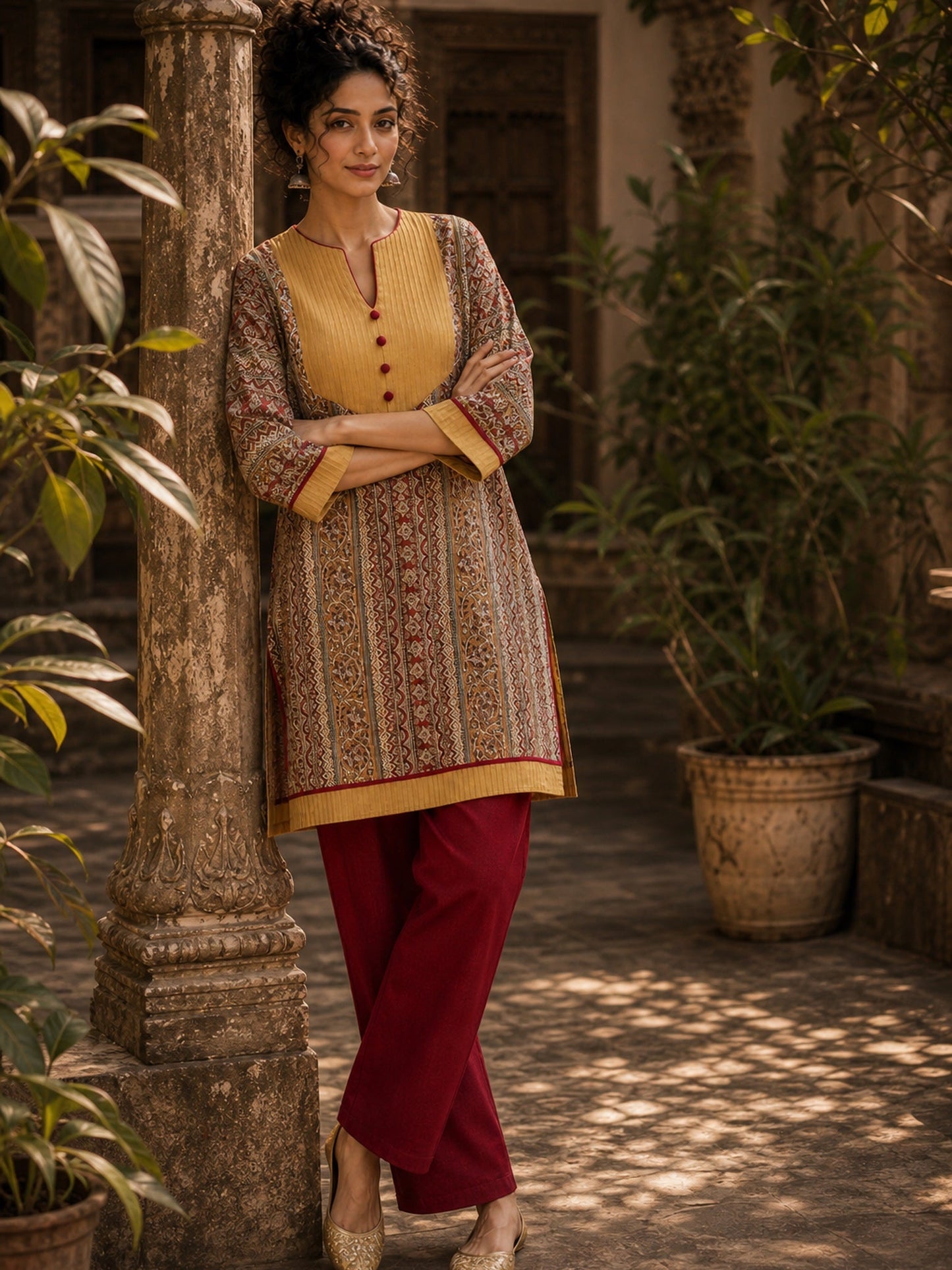 Mustard Geometric Print Short Kurta with Pin-Tucked Yoke & Contrast Maroon Button Detail