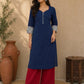 Classic Navy Straight Kurta Featuring Indigo Block Print Cuffs & Maroon Piping Detail