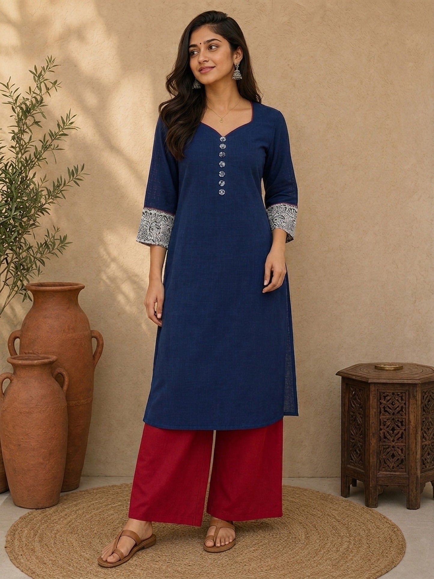 Classic Navy Straight Kurta Featuring Indigo Block Print Cuffs & Maroon Piping Detail