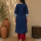 Classic Navy Straight Kurta Featuring Indigo Block Print Cuffs & Maroon Piping Detail