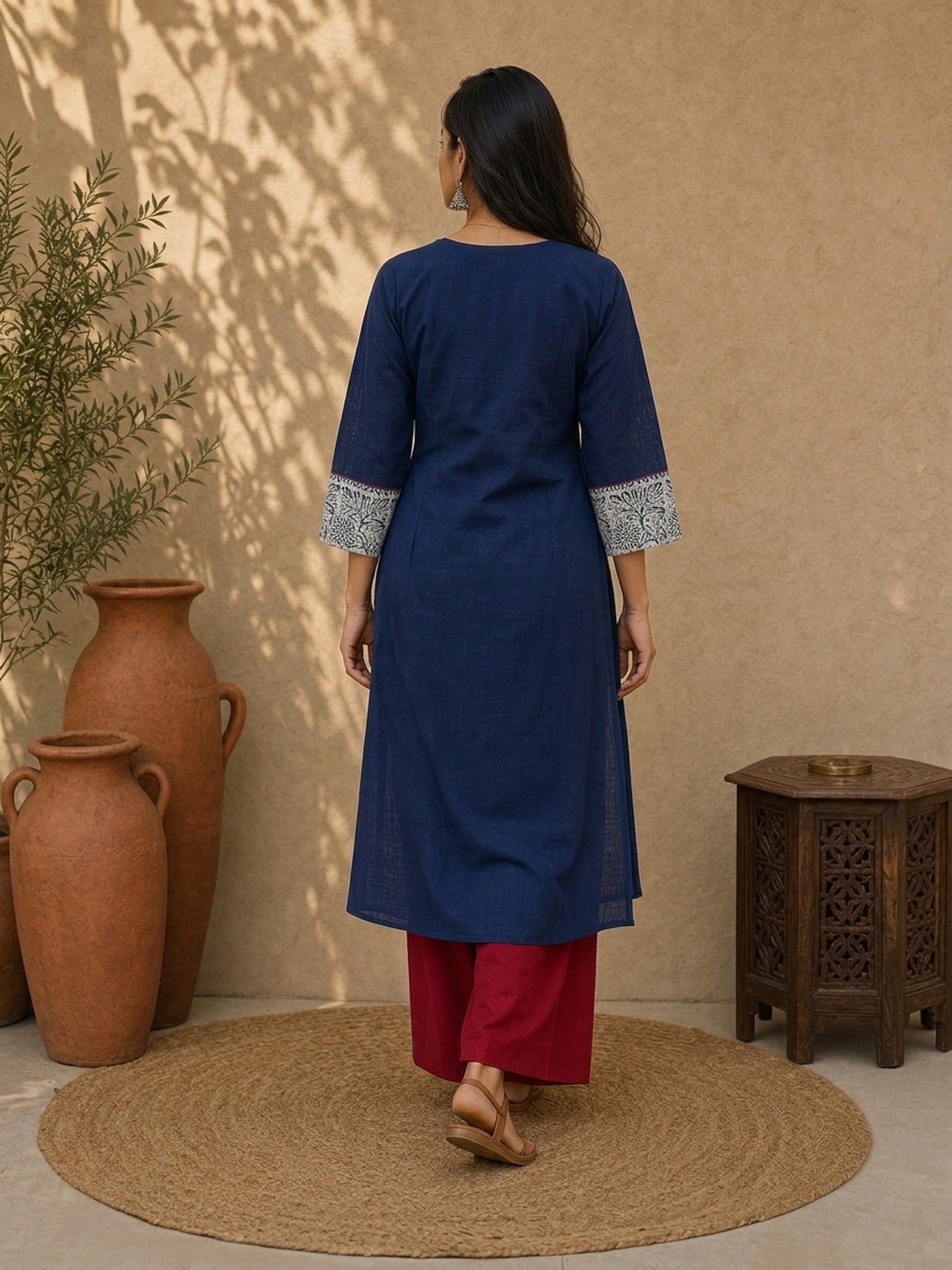 Classic Navy Straight Kurta Featuring Indigo Block Print Cuffs & Maroon Piping Detail